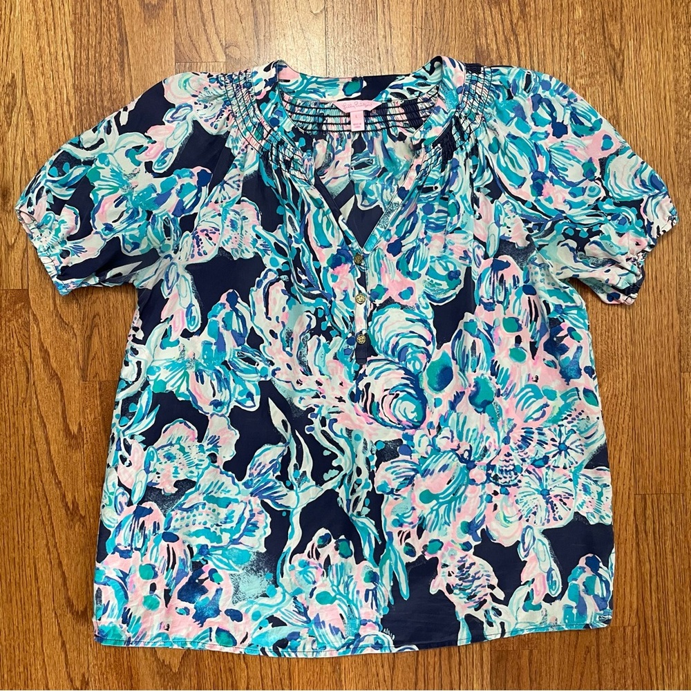 Lilly Pulitzer Navy Pink Aqua Floral Short-Sleeve Blouse